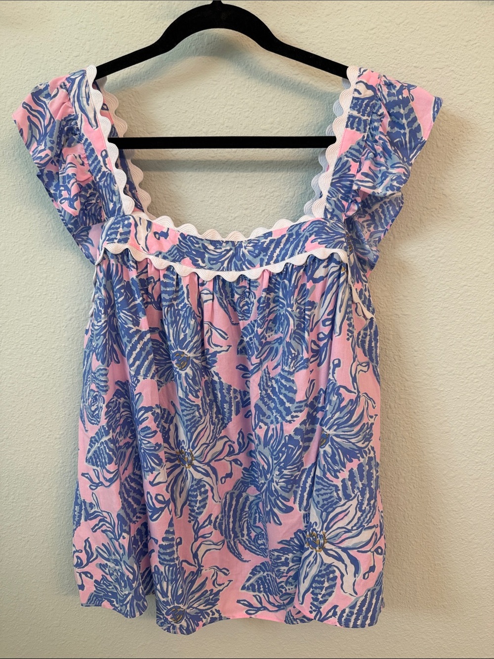 Lilly Pulitzer Pink and Blue Floral Ruffle-Trim Top